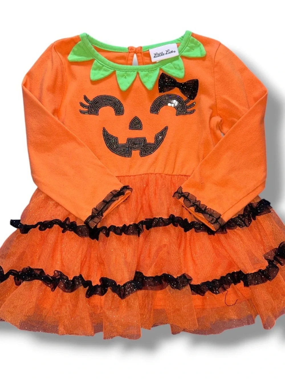 Little Lass Orange Pumpkin Long Sleeve Tutu Dress with Green Leaf Collar